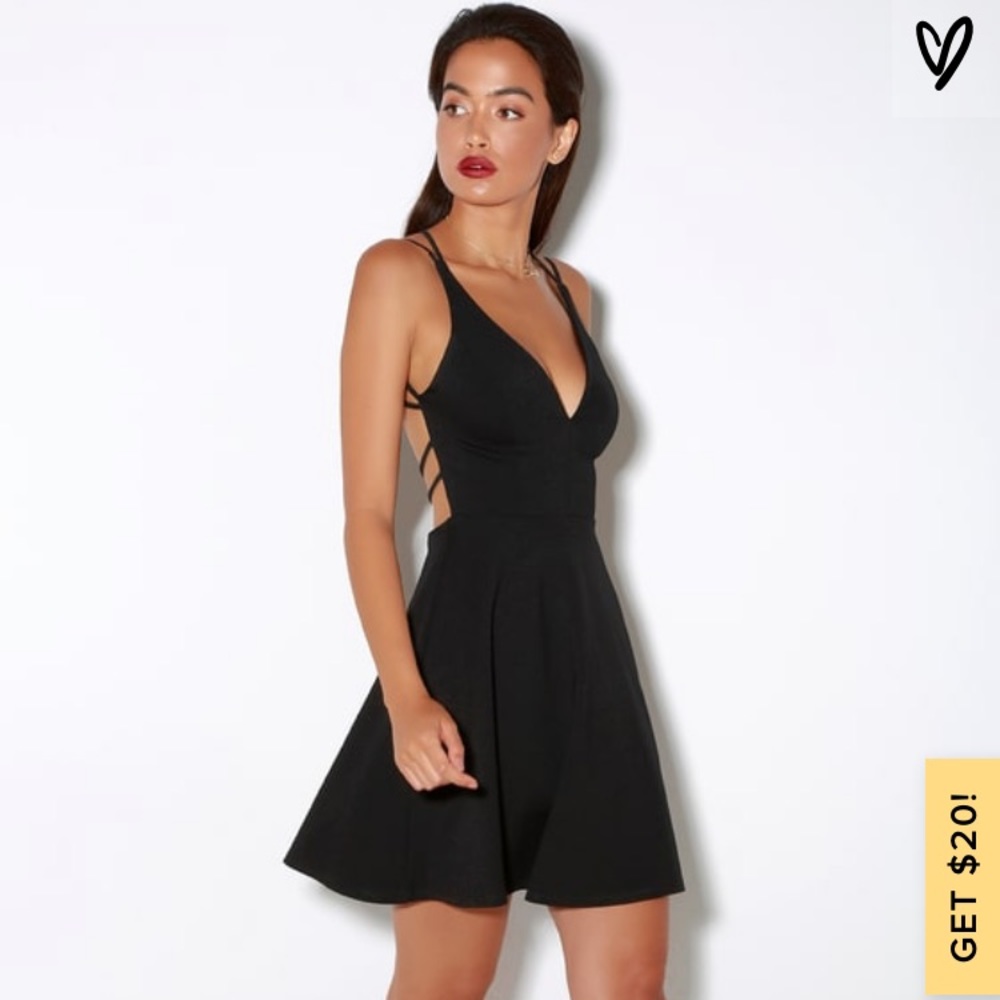 Lulu’s Believe in Love Black Backless Skater Dress